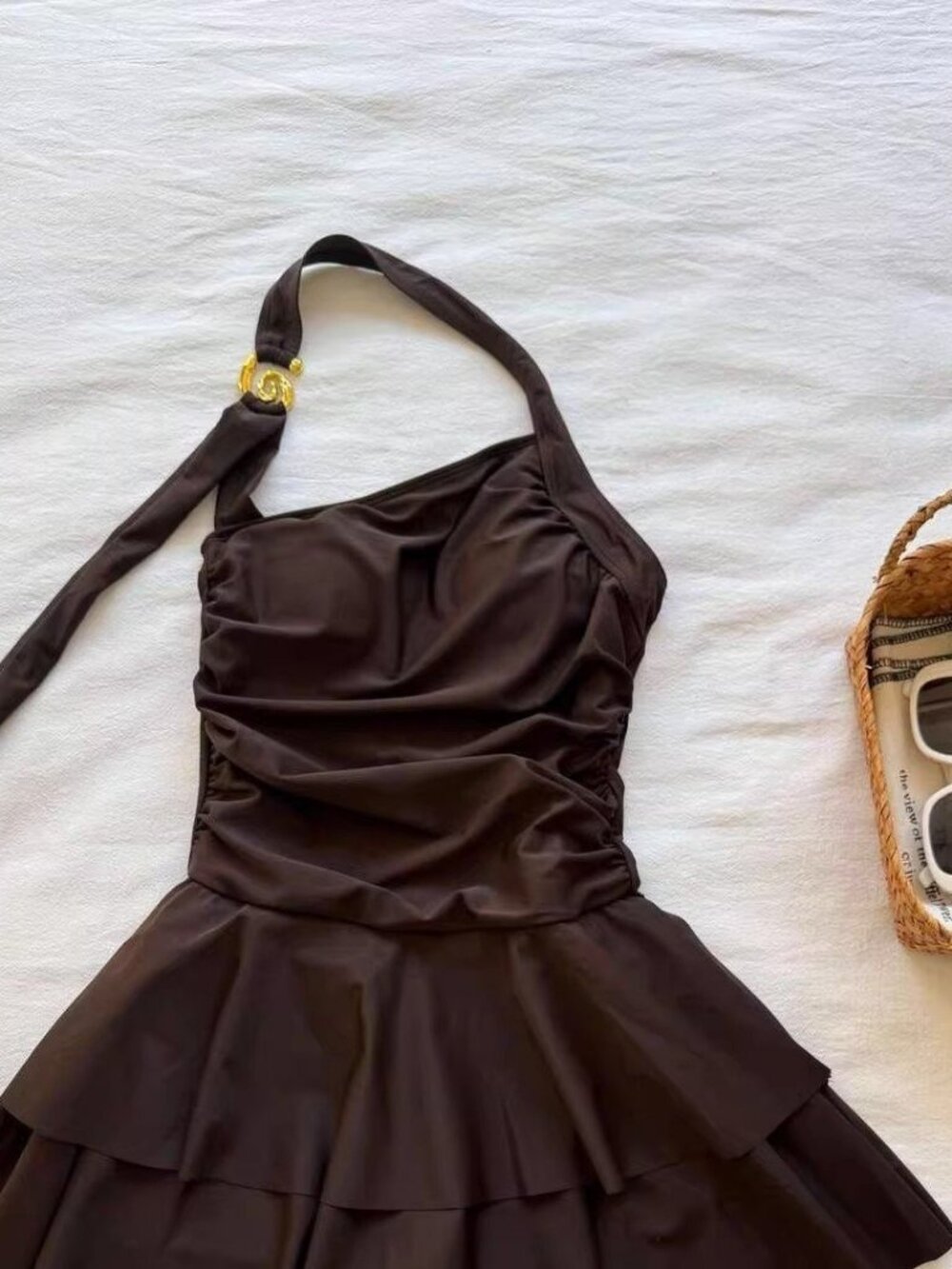 Brown One-Shoulder Ruffle Swim Dress One-Piece Swimsuit – New, Size L